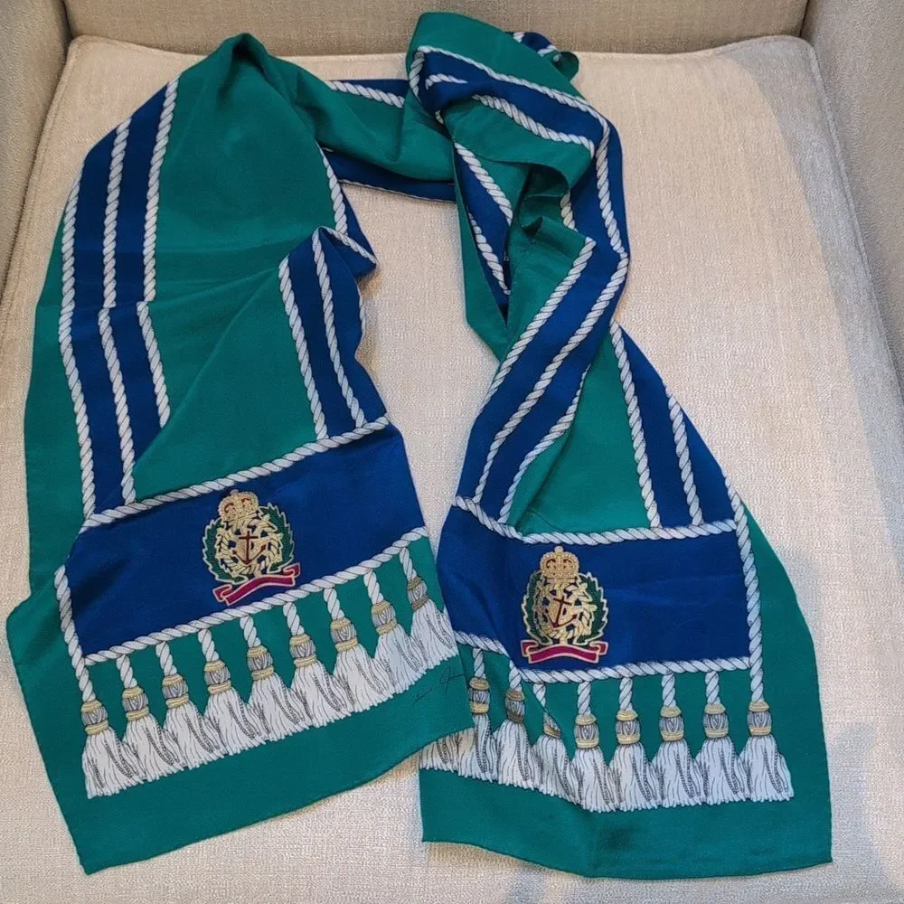 Vintage Ginnie Johansen Green & Blue Silk Scarf with Nautical Crest Signed
